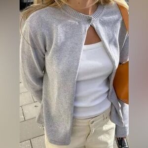 Djerf Avenue Grey Cardigan Medium Organic Cotton Quiet Luxury Knit Light